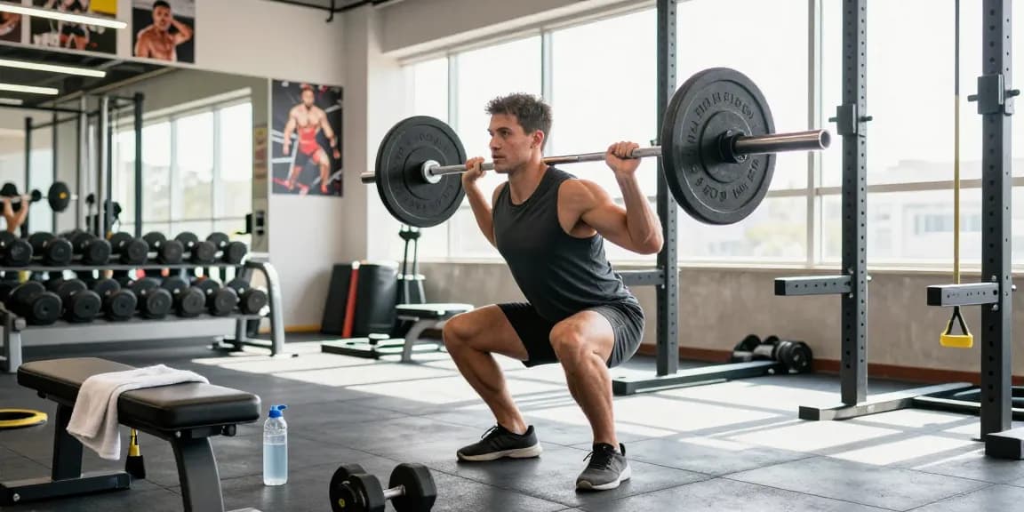 Akra Labs Steroid Shop: Athlet beim kraftvollen Squat-Training in modernem Fitnessstudio, umgeben von hochwertigem Equipment.