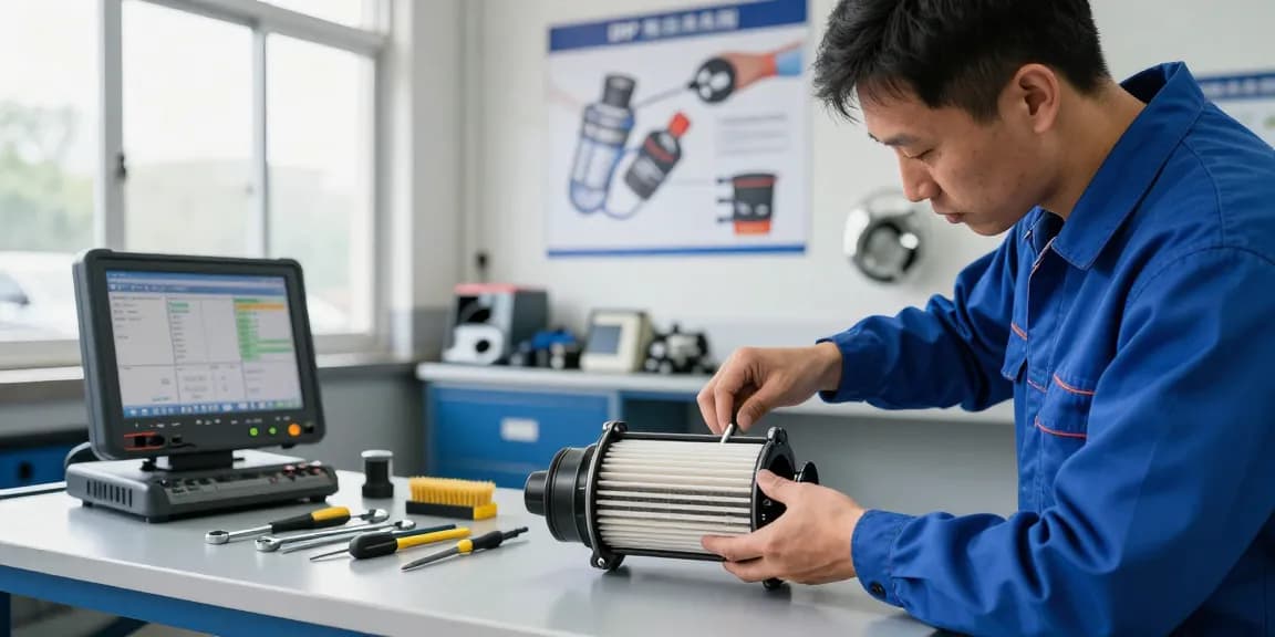 DPF Reinigung Laatzen - Mechaniker inspiziert Dieselpartikelfilter in moderner Werkstatt, umgeben von Werkzeugen.
