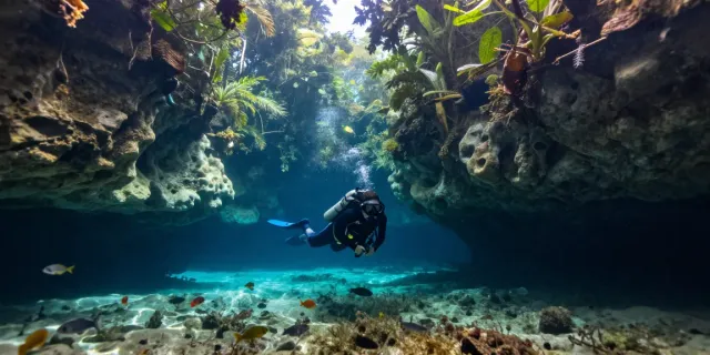 Cenote Angelita: Taucher erkundet die mysteriösen Wasserlandschaften mit einem ausgeprägten Blick auf die einzigartige Trübung und Flora.
