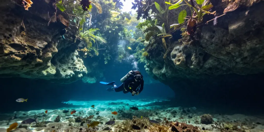 Cenote Angelita: Taucher erkundet die mysteriösen Wasserlandschaften mit einem ausgeprägten Blick auf die einzigartige Trübung und Flora.