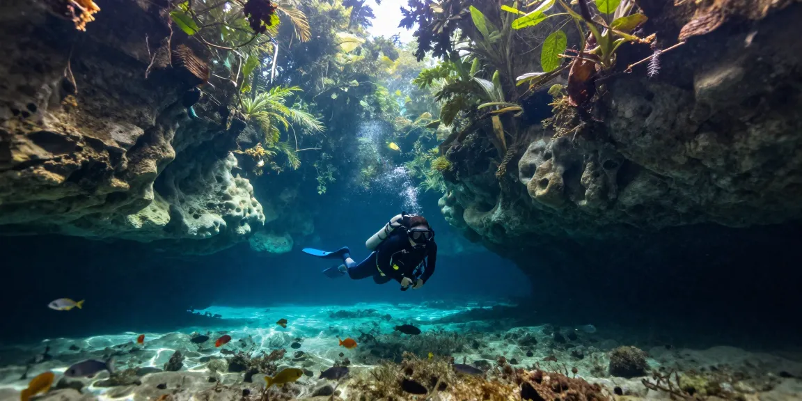 Cenote Angelita: Taucher erkundet die mysteriösen Wasserlandschaften mit einem ausgeprägten Blick auf die einzigartige Trübung und Flora.