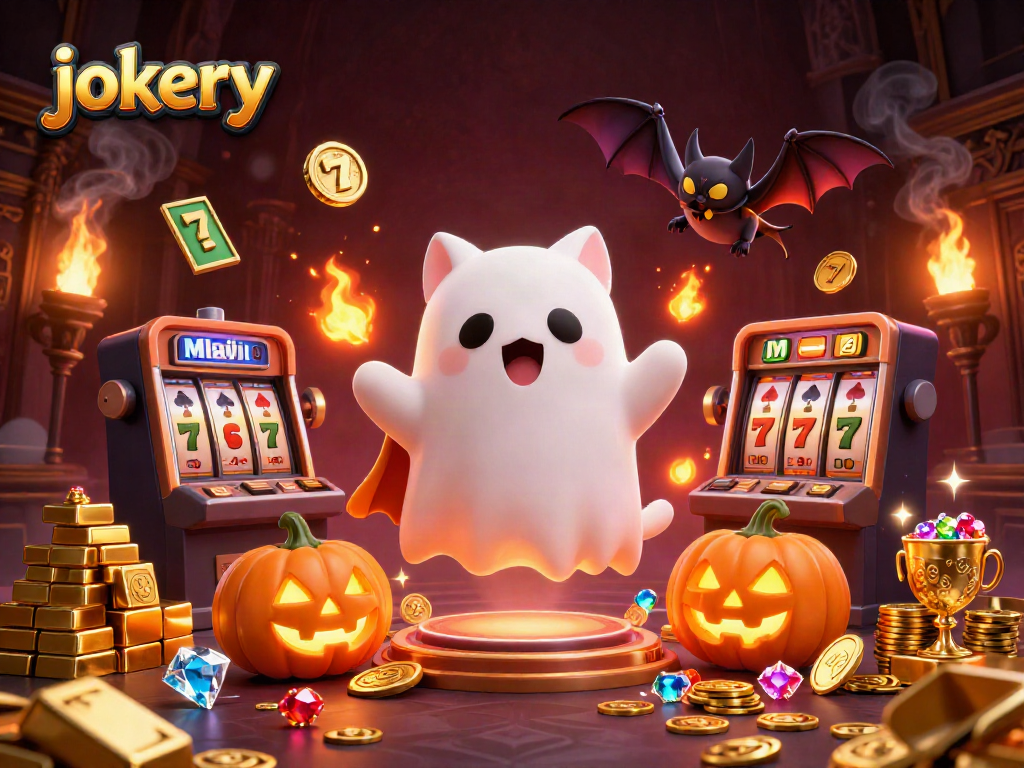Experience jokery excitement in a haunted casino with a friendly ghost cat and vibrant jackpot symbols.