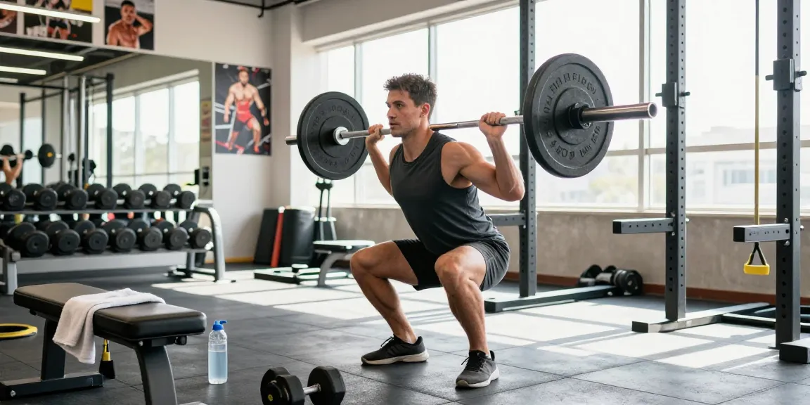 Akra Labs Steroid Shop: Athlet beim kraftvollen Squat-Training in modernem Fitnessstudio, umgeben von hochwertigem Equipment.
