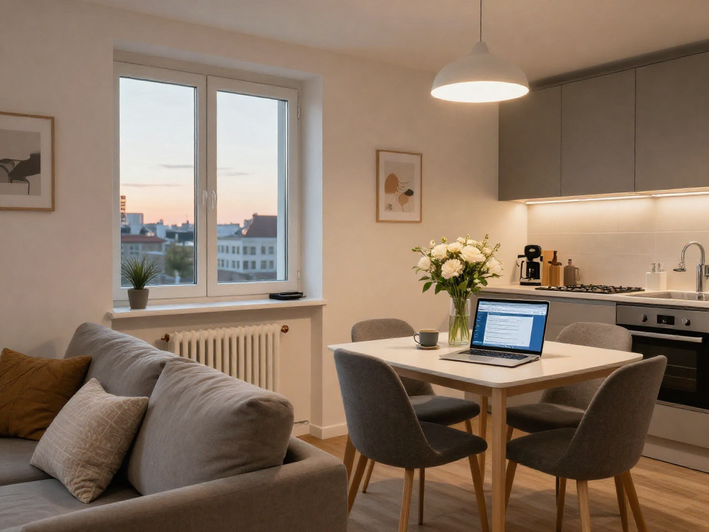 Gemütliche Monteurwohnung Hannover mit modernem Interieur und Stadtblick.