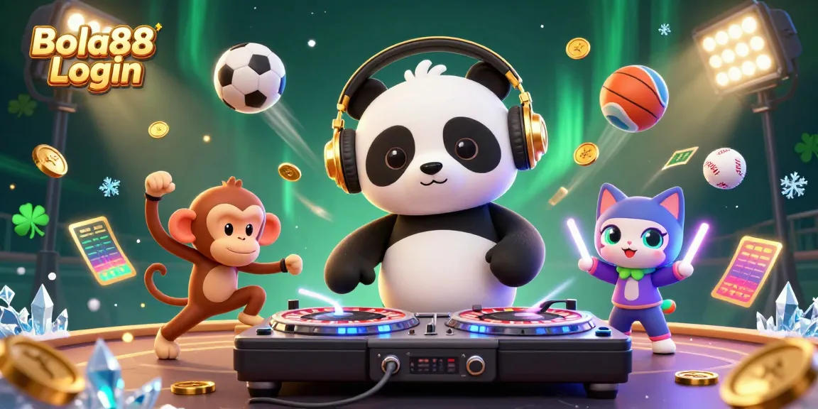 Bola88 Login: Celebrate sports betting with a panda DJ and vibrant characters in a dynamic casino scene.