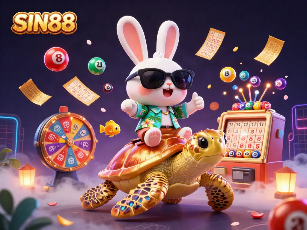 SIN88 players enjoy a colorful illustration of a lucky rabbit and golden turtle amidst vibrant casino elements.
