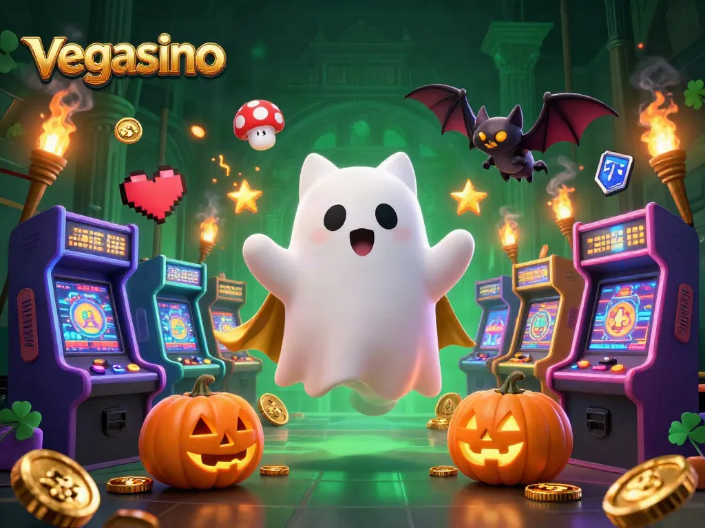 Play exciting games at vegasino, a vibrant haunted casino with glowing ghosts and classic arcade elements.