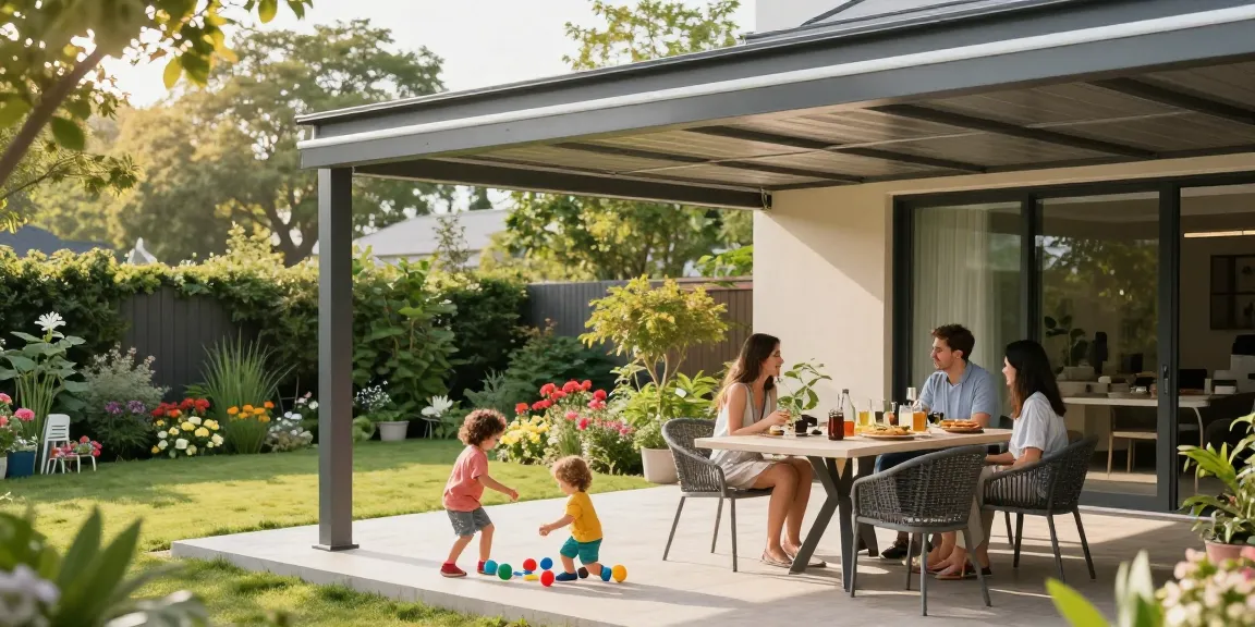 Terrassenüberdachungen auf einer Familienterrasse mit Spielzeug und Snacks.