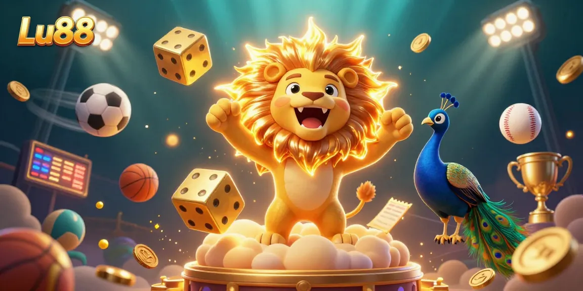 Engage in thrilling gameplay at Lu88 with dynamic golden dice and roaring sun lion in a vibrant casino world.