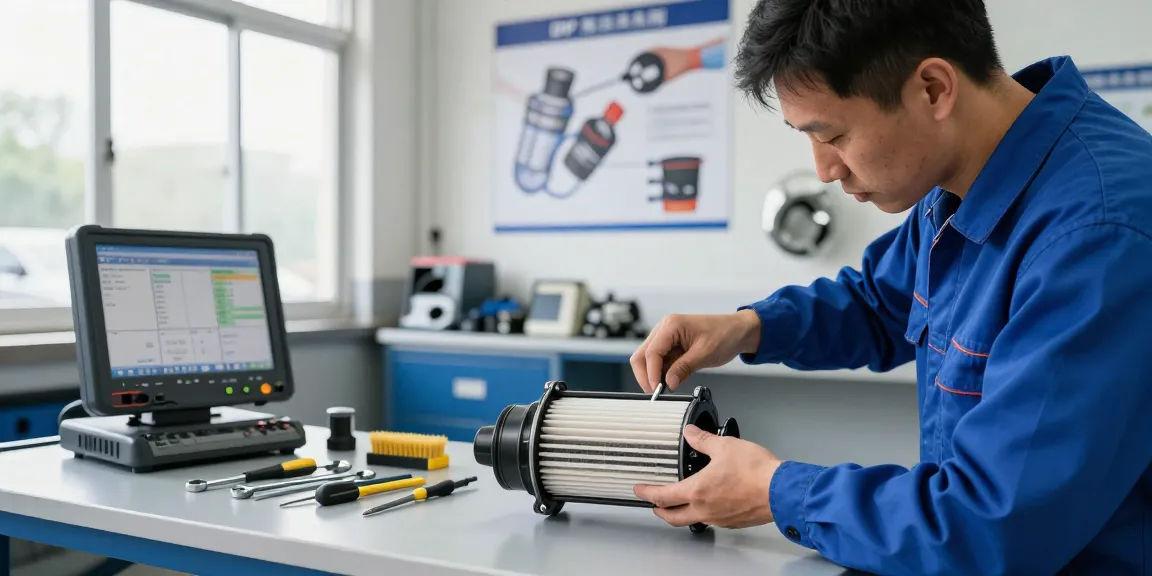 DPF Reinigung Laatzen - Mechaniker inspiziert Dieselpartikelfilter in moderner Werkstatt, umgeben von Werkzeugen.