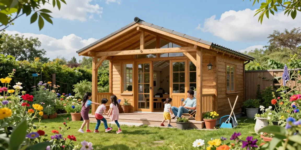 Schönes Gartenhaus umgeben von bunten Blumen und einer spielenden Familie im Garten.