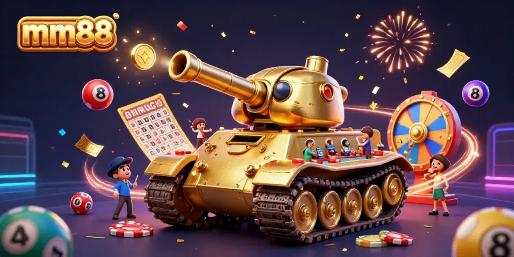 Experience the vibrant mm88 online casino atmosphere with a playful golden beetle tank revealing games and prizes.