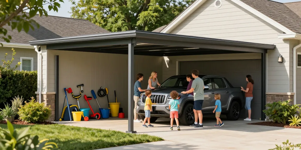 Moderne Carport-Struktur mit Familie und Fahrzeug in einem großzügigen Garten.