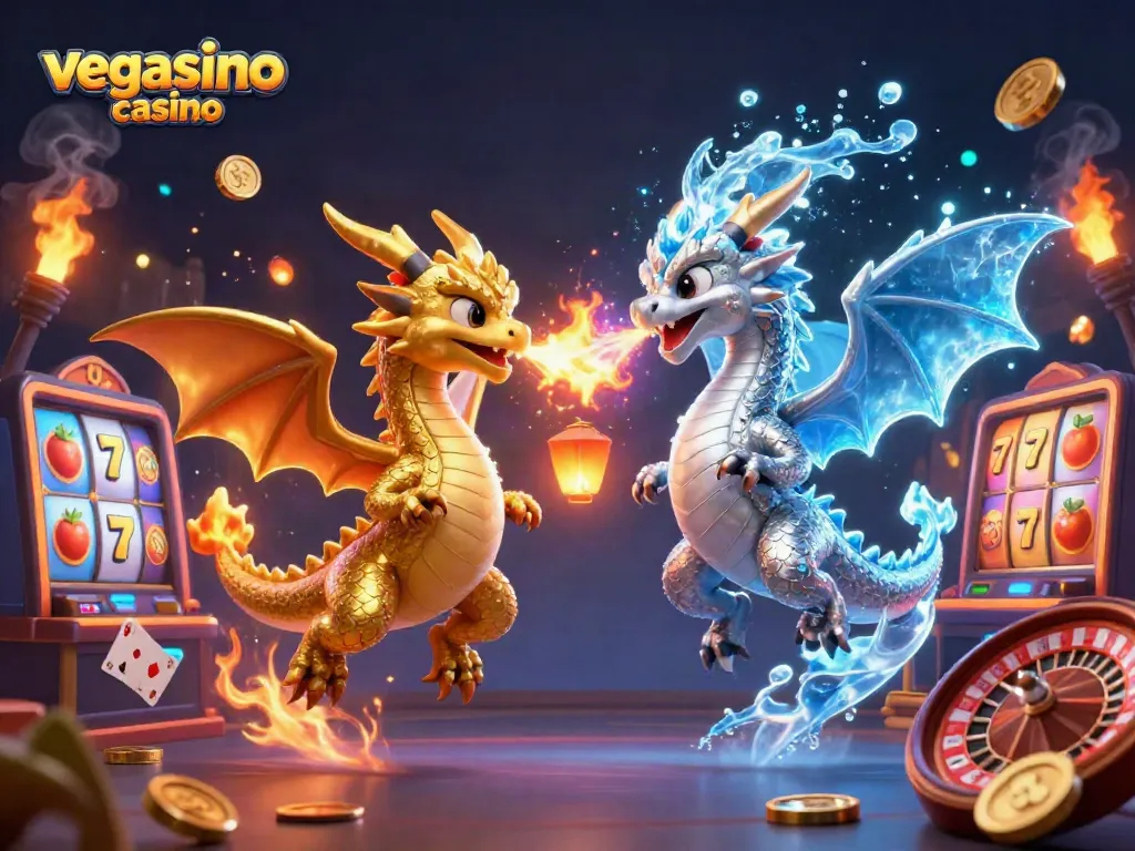 Experience thrilling gameplay with the vegasino casino's vibrant 3D casino scene featuring dragons and game elements.