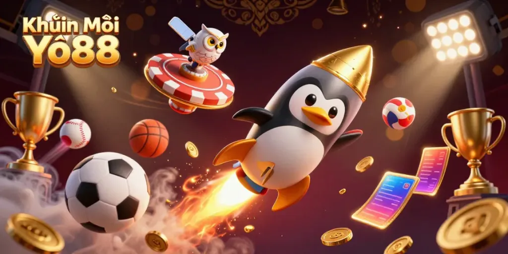 Experience exciting Khuyến Mãi Yo88 promotions with golden penguin racing to a casino station in vibrant space.