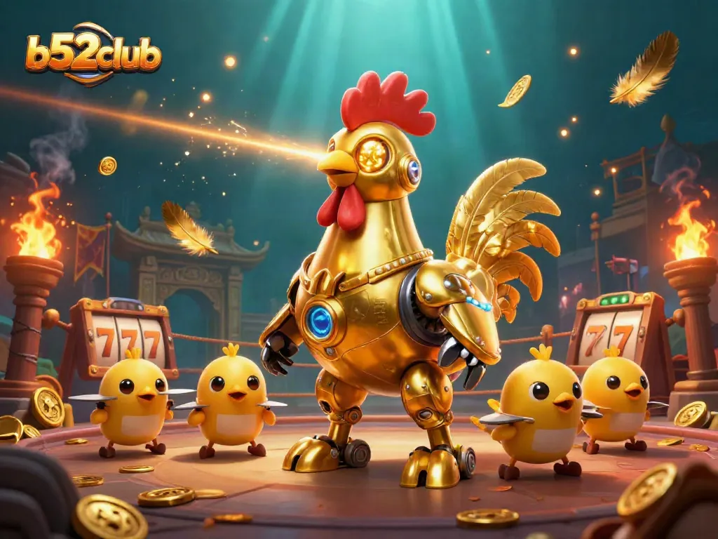 Win big with b52club's dynamic casino scene featuring a golden rooster robot and slot reels.