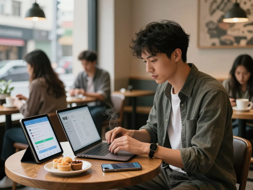 年轻专业人士在咖啡店使用快连技术，桌上有笔记本、平板和美味小吃。