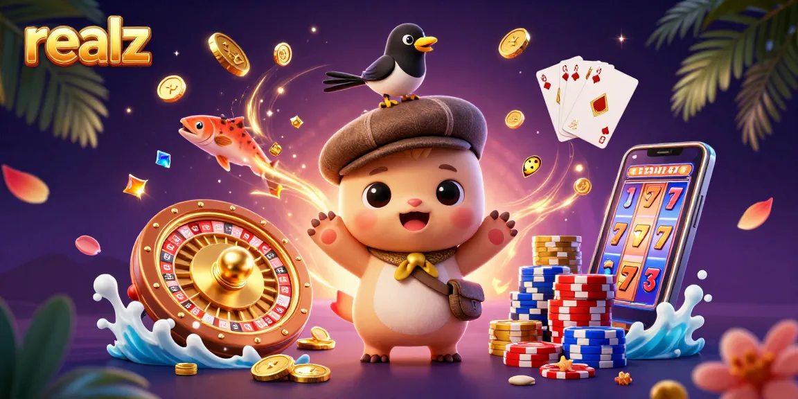 Spin and win with realz as adorable characters celebrate amidst cascading coins and vibrant casino elements.