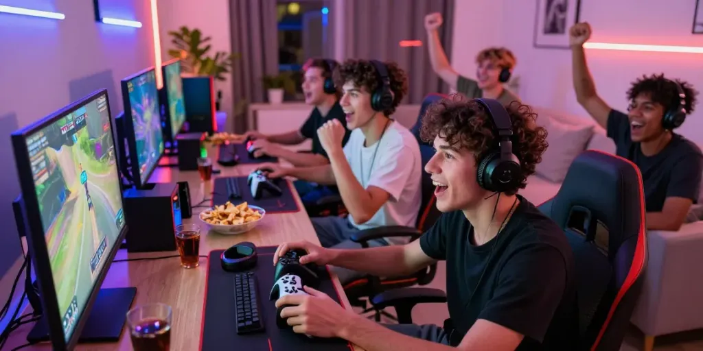 Engaging gaming session showcasing rokok88 community enjoying multiplayer experience with vibrant atmosphere and modern gaming accessories.