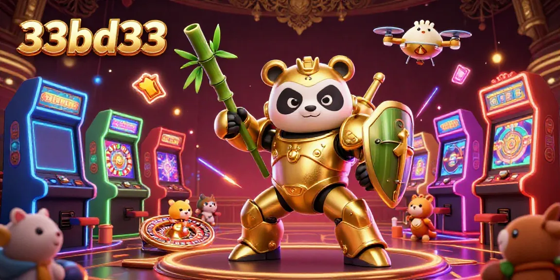 Experience the excitement at 33bd33 with a vibrant casino scene featuring a golden panda and colorful gaming elements.