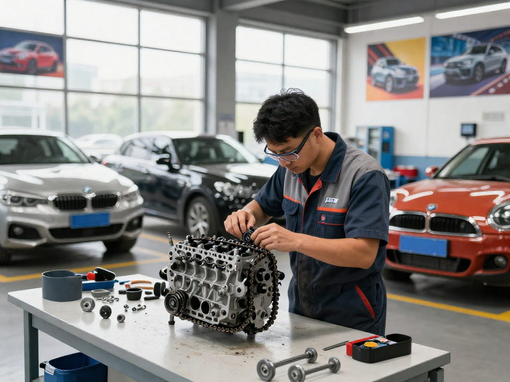 BMW Steuerkette wechseln in einer modernen Werkstatt mit Mechaniker, der am Motor arbeitet.