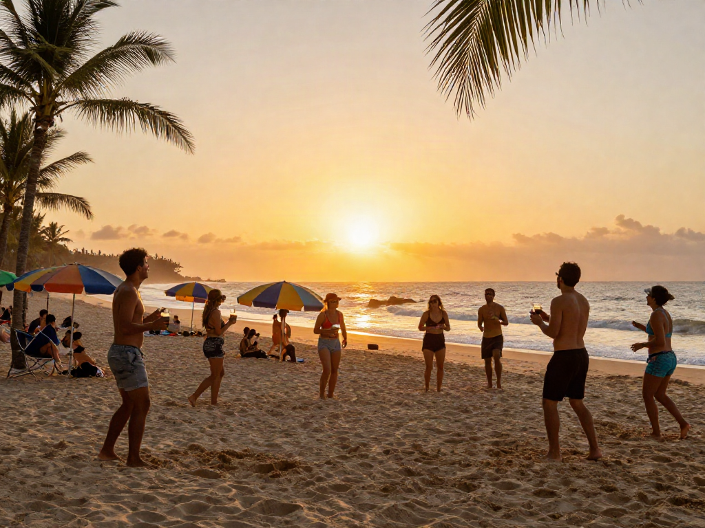Group of friends enjoying beach volleyball at sunset, rokok88 alternatif for revitalizing group getaways.