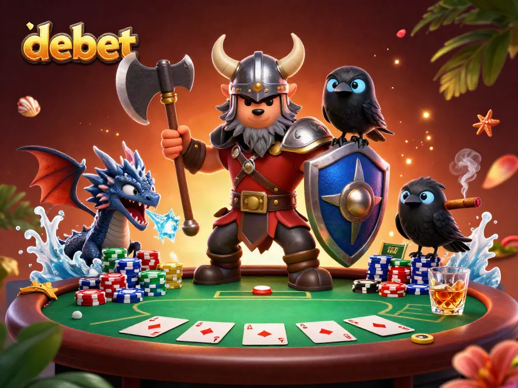 Engage in exciting poker action with debet featuring a Viking wolf warrior and dragon in a vibrant casino.