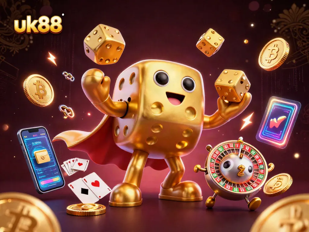 Experience the thrill of uk88 with a playful golden dice golem and a lively gambling backdrop.