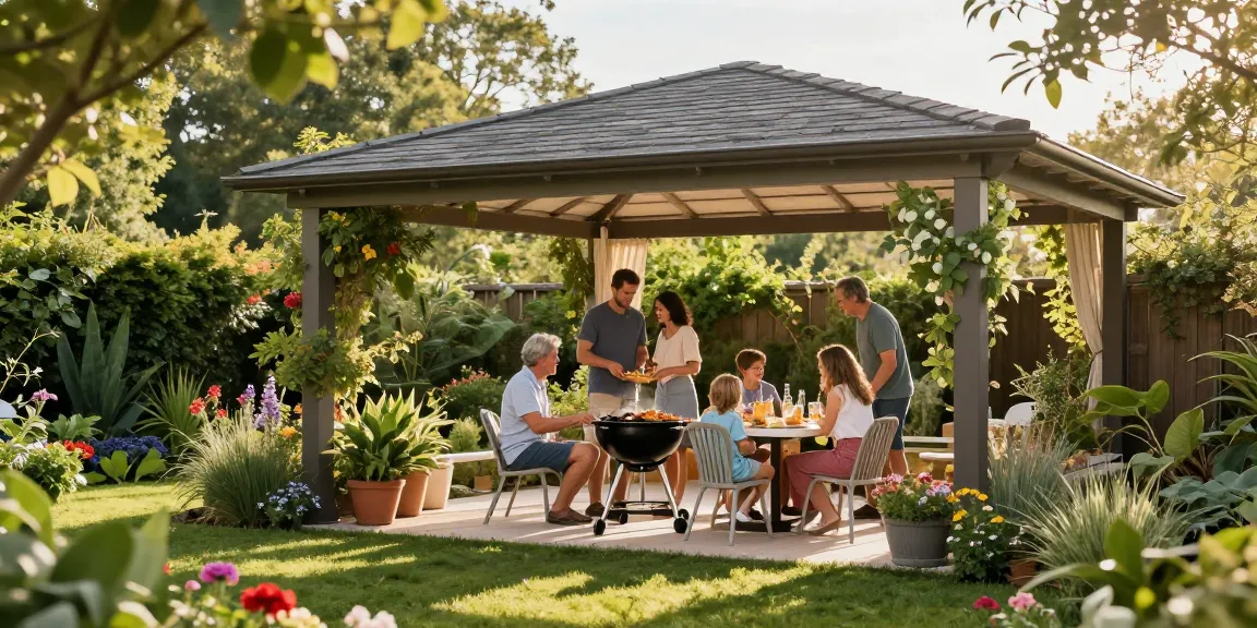 Freistehende Terrassenüberdachung im Garten mit Familie, die entspannte Nachmittagszeit genießt.